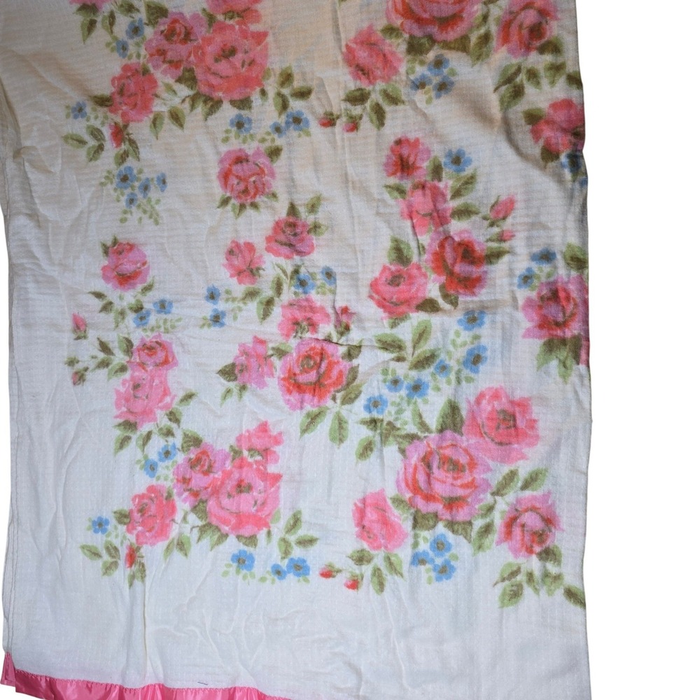 Chatham Vintage Floral Rose Thermal Blanket Shaby Chic Satin Trim Cottagecore